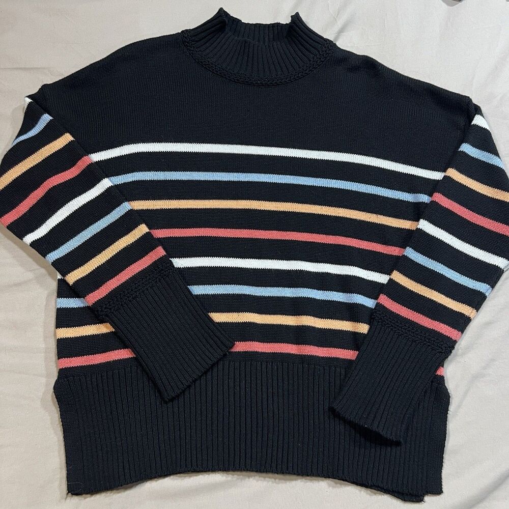 Joie Women’s Small Black Mock-Neck Sweater – Colorful Stripes, Relaxed Fit
